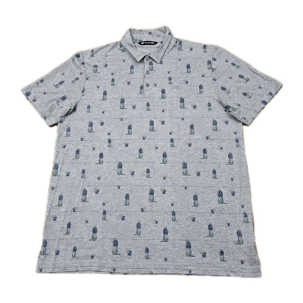 TravisMathew Men's Gray Graphic Print Short Sleeve Polo Collared XL HAWAIIAN